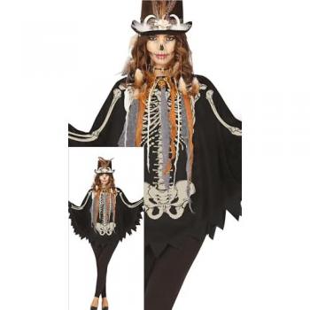 Disfraz de Poncho de Esqueleto para Mujer - Poncho Negro con Estampado de Esqueleto - Talla L
