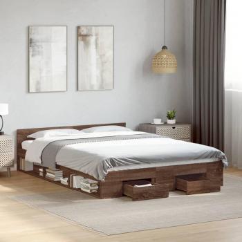 Cama con cajones de madera de ingeniería color roble marrón 160x200 cm, fabricada en madera multicapa