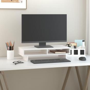 Soporte para Monitor Elevador de Madera Maciza de Pino, Color Natural, Blanco y Gris, Dimensiones 60x27x14 cm