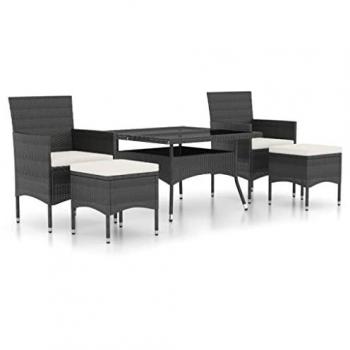 5-Piece Black Poly Rattan Garden Dining Set with Tempered Glass