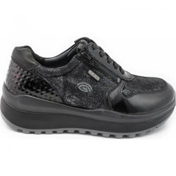 Zapato cordones deportivo mujer G Comfort modelo 881-0 en licra y charol negros, ajuste cremallera, membrana impermeable y transpirable, cómoda cuña con altura de tacón bajo (3-5 cm)