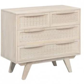 Aparador Cajonera de Madera de Mango y Ratán Color Blanco Roto Romántico 85 x 40 x 75 cm