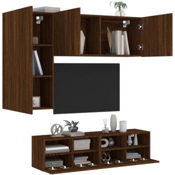 Mueble de TV de pared 4 piezas madera de ingeniería color marrón roble