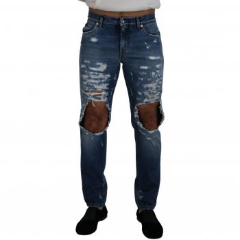 Dolce & Gabbana Blue Cotton Tattered Men Denim Jeans - IT48 | M, Straight Jeans, male, Size: M