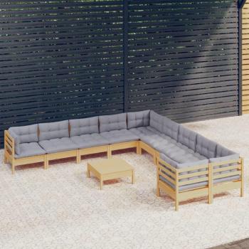 11-Piece Pinewood Garden Lounge Set with Gray Cushions