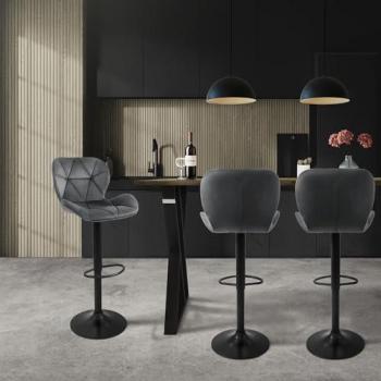 Lote de 4 taburetes de bar tapizados en piel sintética PU gris con respaldo ergonómico, reposapiés, asiento cómodo, regulables en altura y giratorios 360°