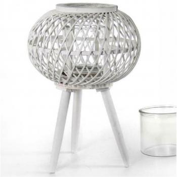 Farol Portacandela Redondo 17x46cm Madera de Bambú y Cristal Blanco