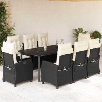 9-Piece Black Poly Rattan Garden Dining Set with Cushions