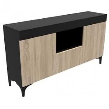 Conjunto Mueble de Salón Kai - Aparador/Mueble TV, Color Negro y Sonoma, Dimensiones 130x70x32.5 cm, Acabado Mate, 3 Puertas, Estante extraíble