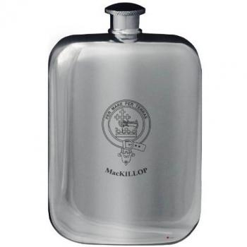 MacKillop Family Crest Design Pocket Hip Flask 6oz Rounded Polished Pewter