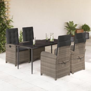 5-Piece Gray Poly Rattan Garden Dining Set with Cushions