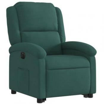 Sillón eléctrico reclinable elevable de terciopelo verde oscuro con respaldo y reposabrazos, asiento ajustable para relax y descanso