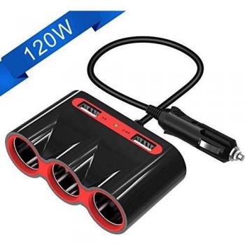 Cargador de Coche, 120W 12V / 24V, 3 Tomas de Encendedor de Cigarrillos y 2 Puertos USB Cargador de Coche para iPhone XS MAX/iPhone X / 8, iPad, Tableta, teléfono Inteligente, GPS, etc