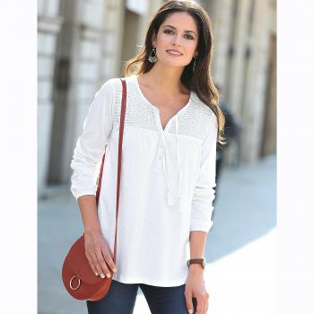 Camiseta escote caftán con botones de nácar y canesú nido de abeja by VencaStyle,BLANCO,3XL