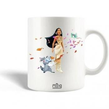 Taza de Cerámica Pocahontas Princesa y Meeko - 30cl, Apta para Lavavajillas, Color Blanco