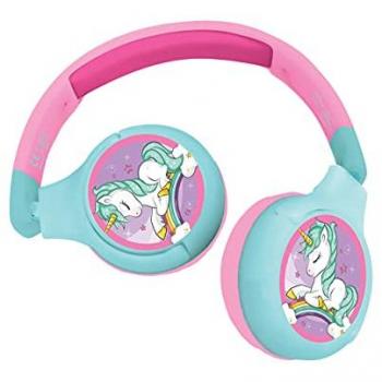 Auriculares 2 en 1 Bluetooth y con Cable para Niños - Unicornio, Estéreo, Plegables, Ajustables, Limitación de Sonido, Batería Recargable, Rosa/Azul