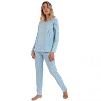 Pijama Largo de Mujer Admas Maternity de Punto Azul con Diseño de Nubes y Cuello en Pico