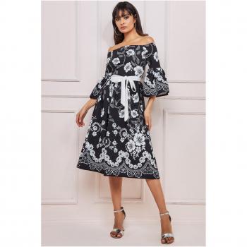 Goddiva Printed Off The Shoulder Midi Dress - Black - Size 10 UK