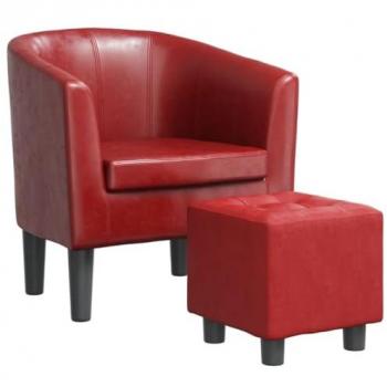 Sillón Diseño de Cubo con Reposapiés en Cuero Sintético Rojo Tinto