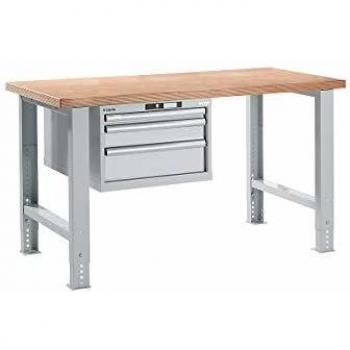 Banco de trabajo modular LISTA altura 740 mm, con armario colgante y 3 cajones, color gris claro, ancho de mesa 1500 mm