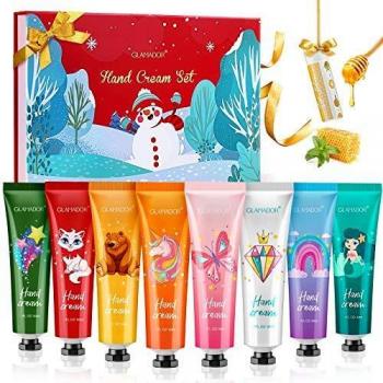 Set Regalo de Crema Manos-GLAMADOR Crema de Manos 8PCS para Pieles Sensibles y Manos Secas,Bálsamo labial,Nutritiva con Vitamina C y E- Regalos Originales para Mujer, Mejor Regalo San Valentín