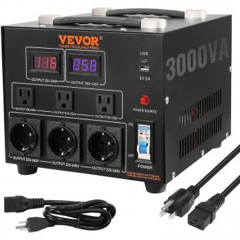 Transformador Convertidor de Voltaje Vevor 3000W, Conversión 110V a 220V, Certificado CE, Sube/Baja 220-110V/110-220V, Con 3 Enchuf