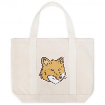 Maison Kitsuné Men's Fox Head Canvas Tote Bag in Ecru