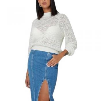 Lace Knit Wool Blend Crew Neck Sweater for Women - White, Size L