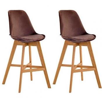 Set 2 Taburetes Altos Cannes de Terciopelo Marrón con Base de Madera Natural