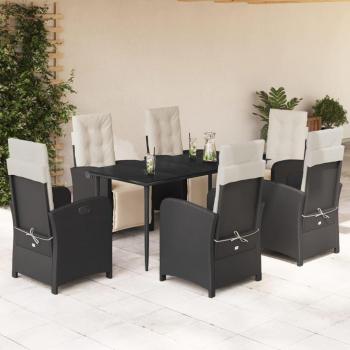 7-Piece Black Poly Rattan Garden Dining Set with Cushions
