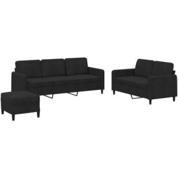 Juego de sofás 3 piezas terciopelo negro con asientos y reposabrazos, sillones de televisión relax, tapizados para salón hogar