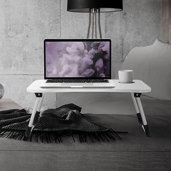 Mesa de Ordenador Portátil Plegable para Cama/Sofá 60x40 cm Blanca con Soporte para Tableta, Bebidas, 4 Puertos USB, Cajón y Ventilador