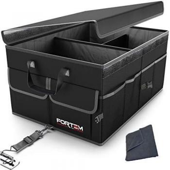 Fortem Organizador de Maletero Coche y SUV - Organizador de Coche para Almacenamiento - Caja Plegable con 2 Compartimentos Grande - Base Antideslizante - Cinchas Ajustables - Tapa Extraíble