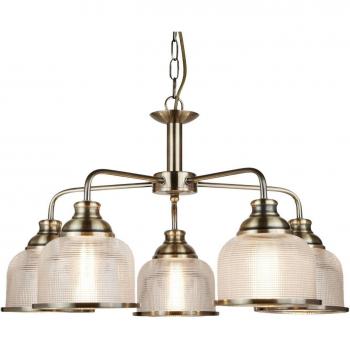Lámpara colgante Bistro de 5 luces, metal latón blanco antiguo con vidrio estriado