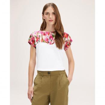 Camiseta de mujer Motivi combinada de manga corta con frunces y cuerpo