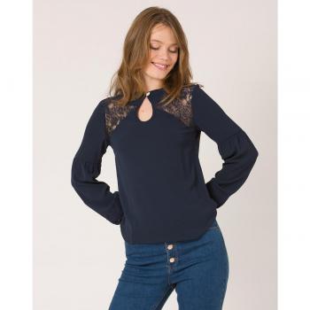 Naf Naf Camiseta con Escote en Forma de Flor y Detalle de Encaje de Manga Larga Azul para Mujer