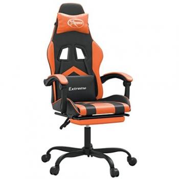 Silla gaming con reposapiés de cuero sintético negro y naranja