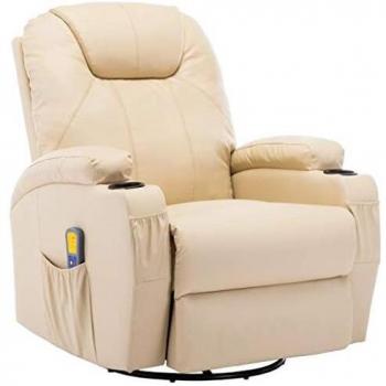 vidaXL Sillón Masaje Eléctrico Reclinable Cuero Sintético Crema Silla Mecedora