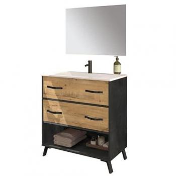 Mueble de Baño 81 cm Hudson con Patas y Espejo (Sin Lavabo) Color Piedra y Roble Gold