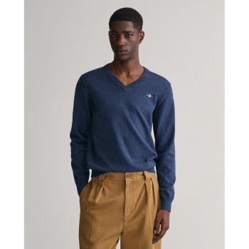 Jersey de Hombre Gant de Cuello Pico en Algodón Clásico, Logotipo Bordado, Manga Larga, Talla XXL, Color Mezclilla Azul Oscuro