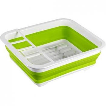 Escurridor de platos plegable Gaia, con soporte para cubiertos y bandeja para platos, plástico, 36,5x13x31 cm, blanco/verde