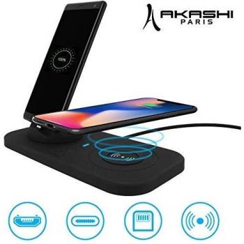 AKASHI® TECHNOLOGY - Estación de Carga Universal para Smartphones - Carga de inducción inalámbrica - Soporte giratorio de 330 ° con 3 conectores integrados