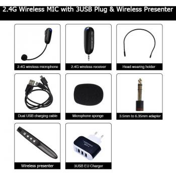 Sistema de Micrófono Inalámbrico Mini 2.4G con Auriculares para Enseñanza y Guía Turística