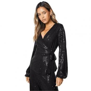 Black Sequin Tie Waist Wrap Top for Women - Size 8 UK