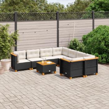 Set de sofás de jardín 9 piezas con almohadas negras en Polyrattan