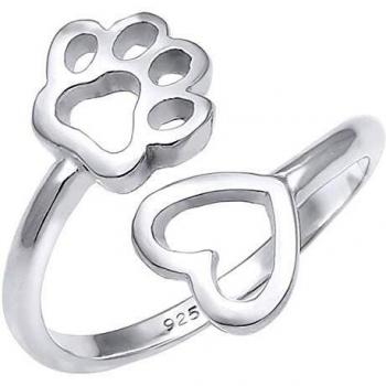 Anillo Ajustable de Plata 925 con Corazón y Huella para Mujeres