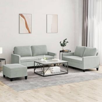 Conjunto de sofá de 3 piezas en terciopelo gris claro con almohadas