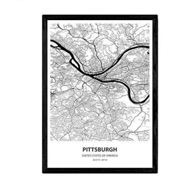 Póster Mapa de Pittsburgh - USA, Lámina en Color Negro con Mares y Ríos, Tamaño A4 sin Marco