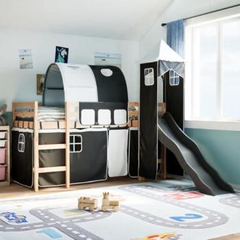 Cama alta para niños con torre de madera de pino en color blanco y negro, dimensiones 90x200 cm