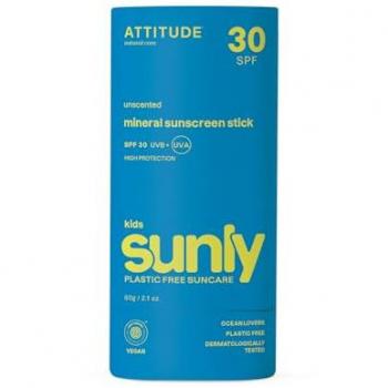 Attitude Kids Sunly Sunscreen Stick SPF 30 - Fragrance Free, Mineral sun cream in a stick for children, 60 g, EWG Verified, Plastic-Free, Broad Spectrum UVA/UVB Protection with Zinc Oxide, Dermatologically